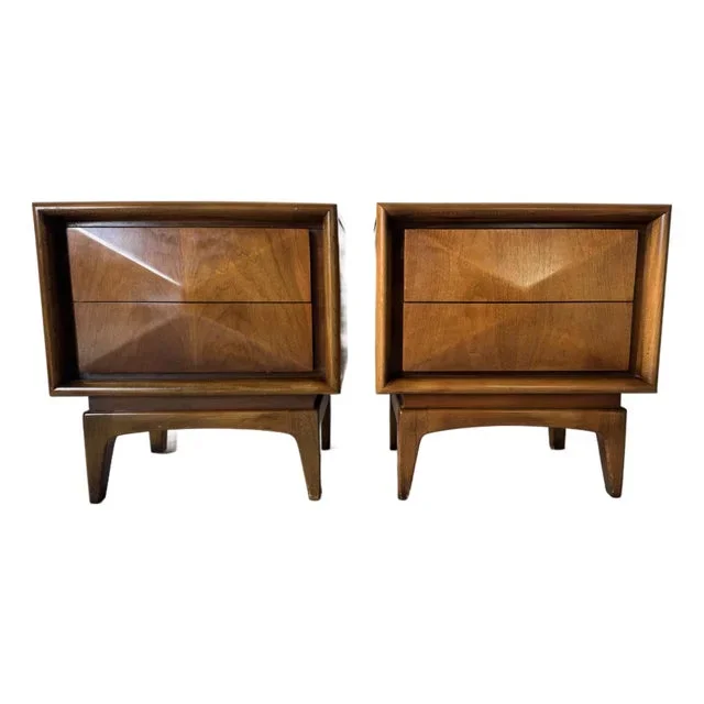 Mid-Century Modern United Diamond Front Walnut Nightstands – A Pair