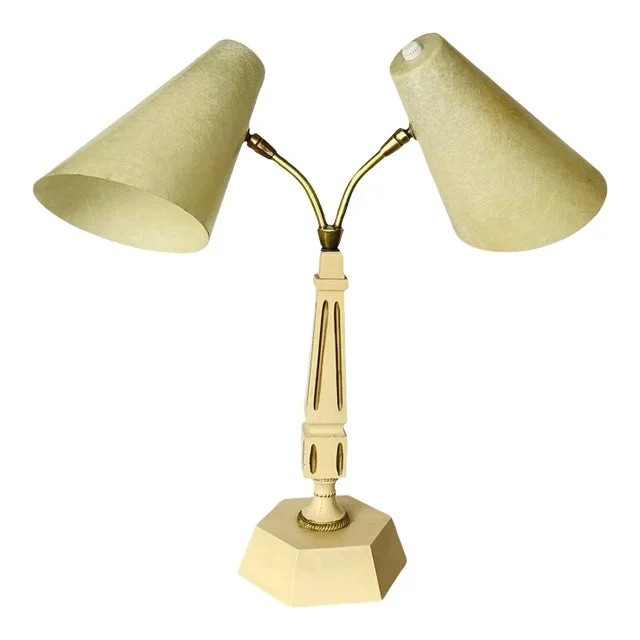 Mid Century Stilnovo Style Hollywood Regency Double Goosenecks Obelisk Table Lamp With Fiberglass Tapered Shades