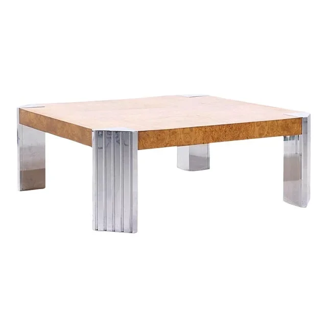 Milo Baughman Style Mid Century Burlwood and Chrome Coffee Table
