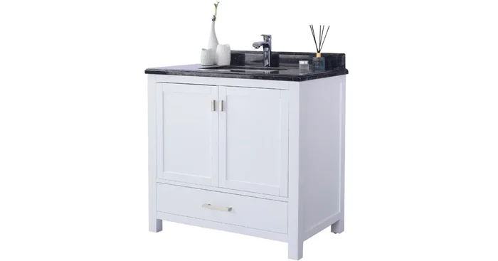 Miseno Prim 36″ Free Standing Vanity Set with White Solid Oak Cabinet, Quartz or Cultured Marble Top, and Undermount Sink – Mirror Sold Separately