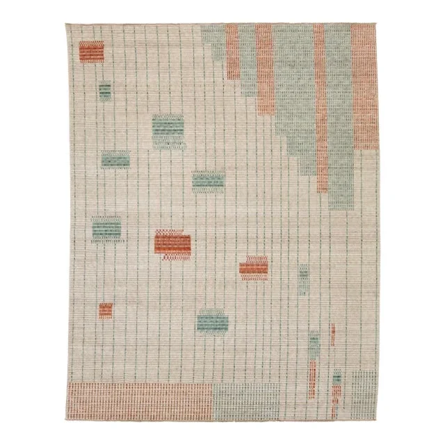 Modern Hand Loom Beige Wool Rug With Geometric Design