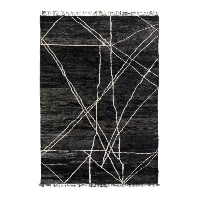 Modern Moroccan Handmade Charcoal Wool Rug With Tribal Design