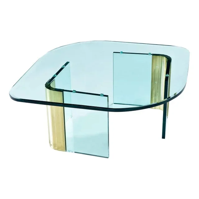 Modern Pace Collection Glass and Scalloped Brass Navette Oval Coffee Table