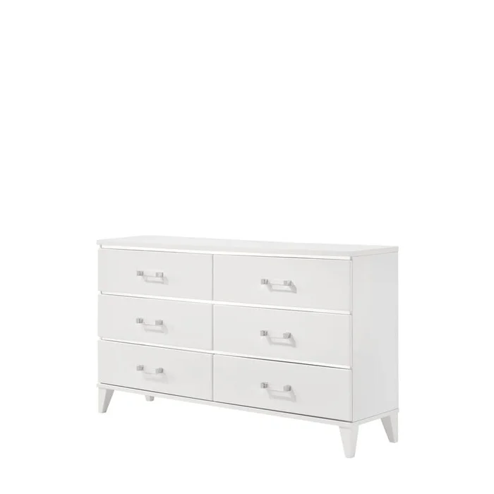 Modern White Six Drawer Dresser with Silver Accents – Acme