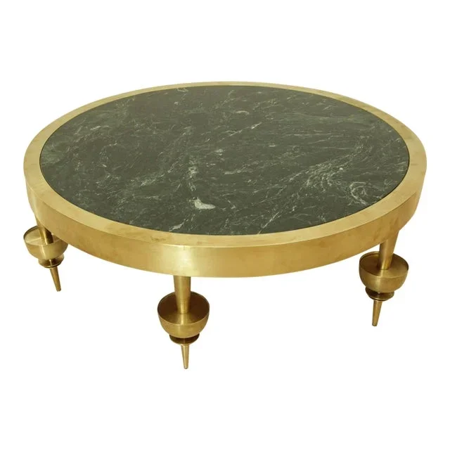 Modernist Art Deco Style Coffee Table in Brass With a Green Marble Top