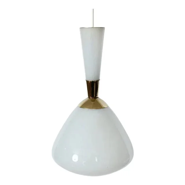 Moe Light White Mottled Glass and Brass Hanging Pendant, 1960s