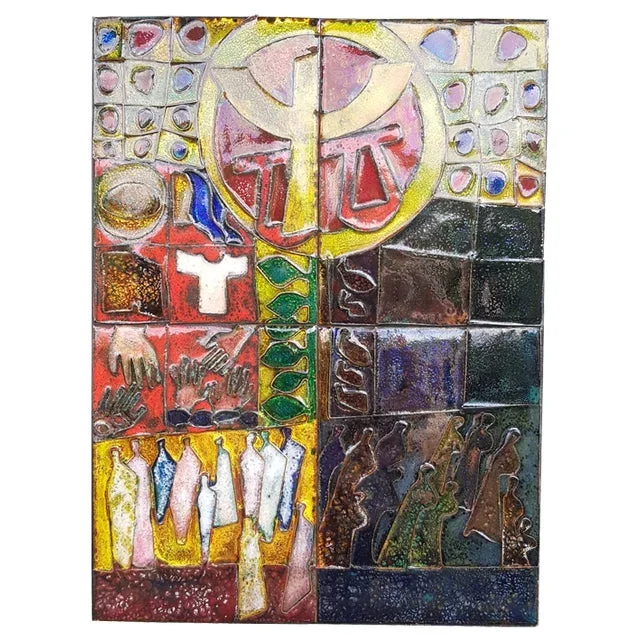 Multicolored Enameled Copper on Wood Decorative Panel, 1960s