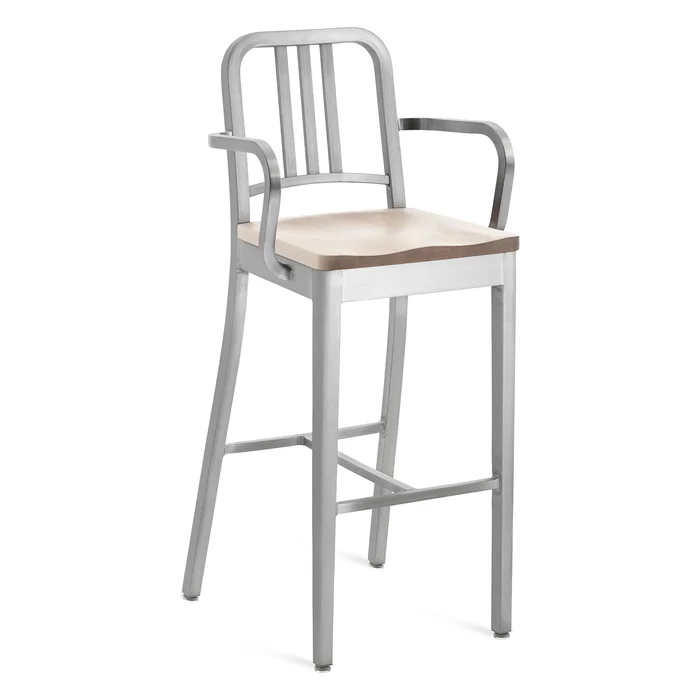 Navy Bar and Counter Stool with Arms & Wood Seat