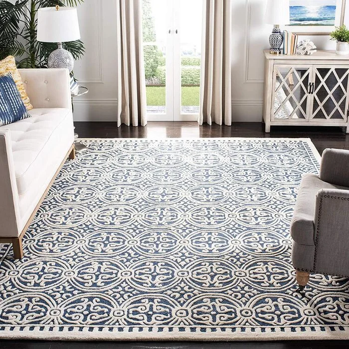 Navy Blue Ivory Oversized Contemporary Wool Pile Rug