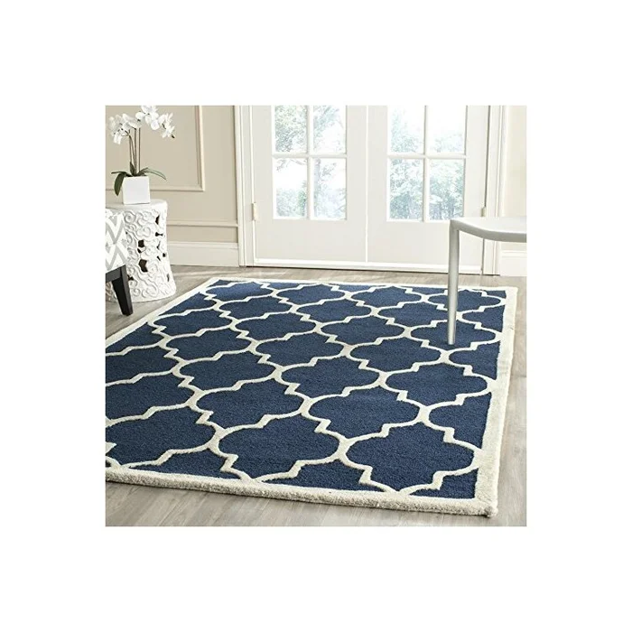 Navy Ivory Contemporary Wool Pile Rug – 9×6 Medium Rectangle
