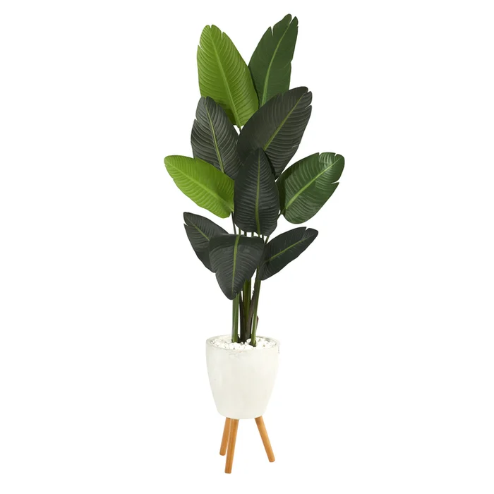 Nearly Natural 6ft. Travelers Palm Artificial Tree in White Planter with Stand