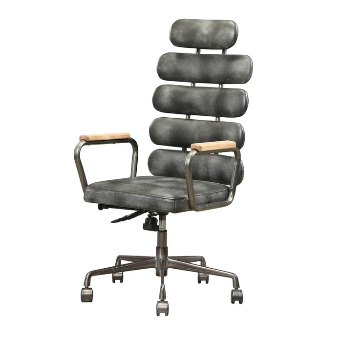 Office Swivel Executive Chair Metal Gray Leatherette Five Panels Backrest – Benzara