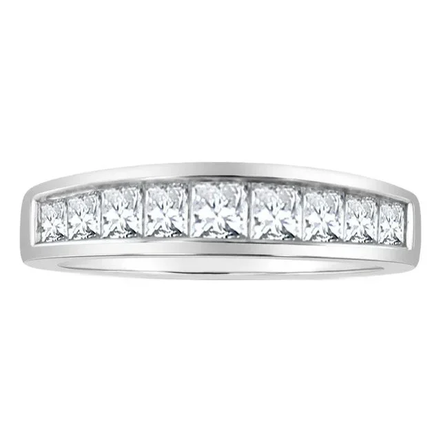 One Carat Princess Cut Channel Wedding Band 14k White Gold, Size 7