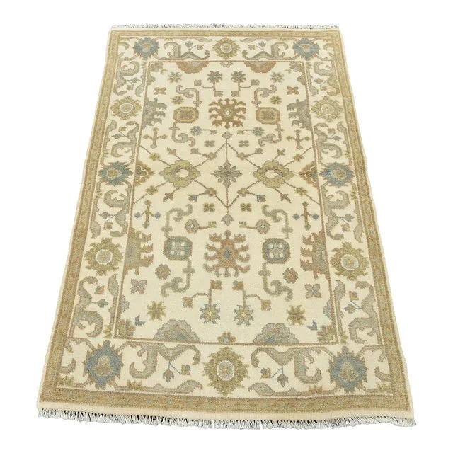 Oushak 3’11” X 5’9” Ivory Wool Hand-Knotted Oriental Rug