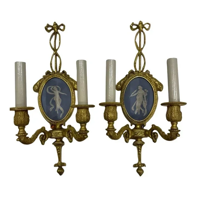 Pair of 1940s Jasperware Brass Sconces