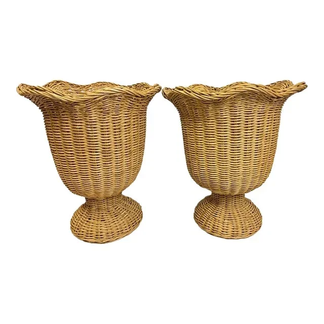 Pair of Large Woven Wicker Urns