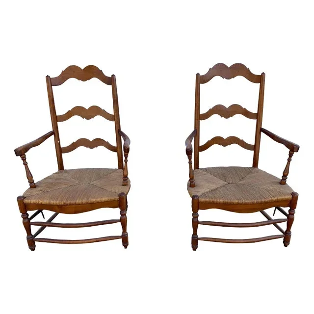 Pair Vintage French Provincial Style Country Ladder Back Rush Seat Lounge Armchairs