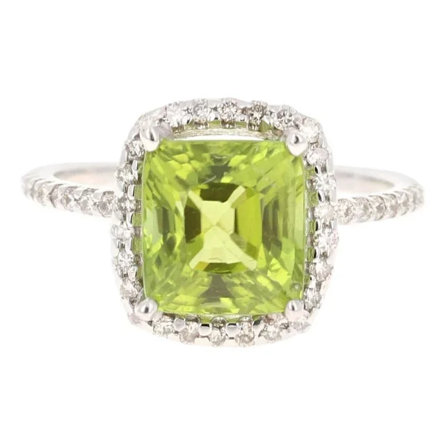 Peridot Diamond White Gold Engagement Ring, Size 7.25