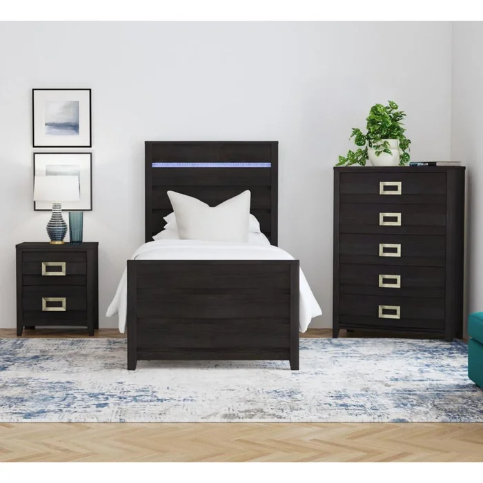 Picket House Furnishings – Chett Twin 3PC Bedroom Set with LED in Black – B-15990-8-TBL-3PC