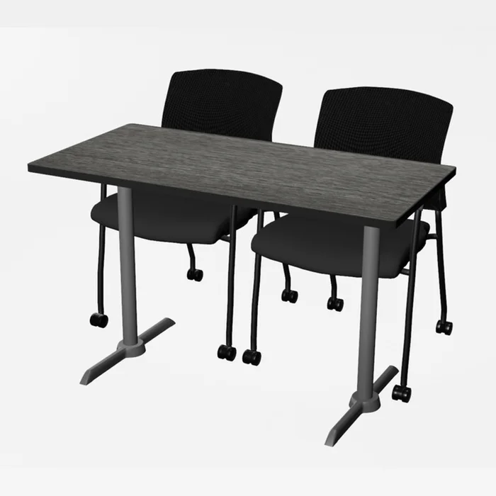 Regency Cain 48 x 24 in. T-Base Training Seminar Table- Ash Grey Table Top, Grey Base & 2 Knight Mesh Chairs