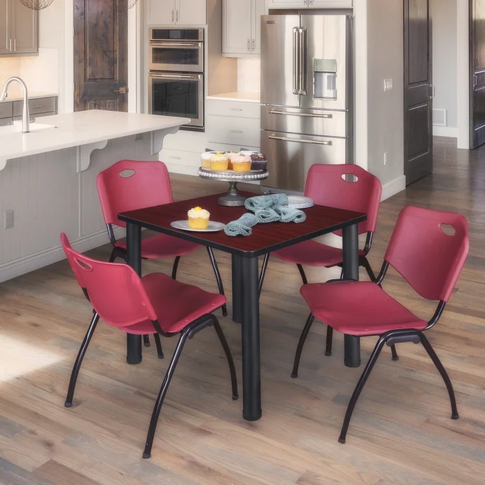 Regency Kee 36″ Square Breakroom Table- Mahogany/ Black & 4 ‘M’ Stack Chairs- Burgundy
