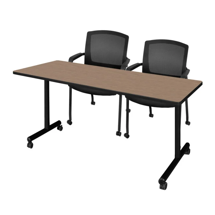Regency Kobe 72 x 24 in. Mobile T-Base Training Seminar Table- Noble Oak, 2 Knight Mesh Chairs