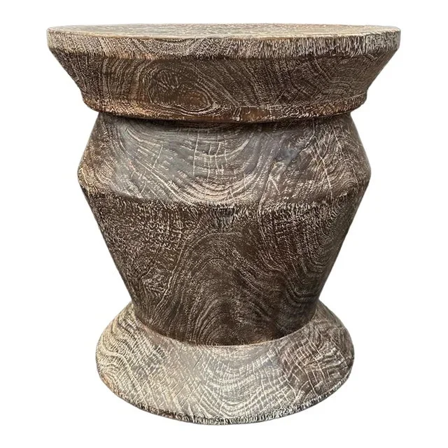 Round Mango Wood Side Table, Carved Detailing, Modern Organic, White Wash Finish
