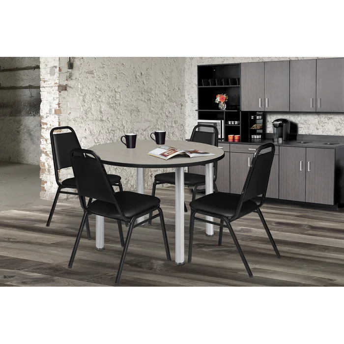 Round Restaurant Table & Black Stack Chairs – Maple/Chrome – Regency Seating