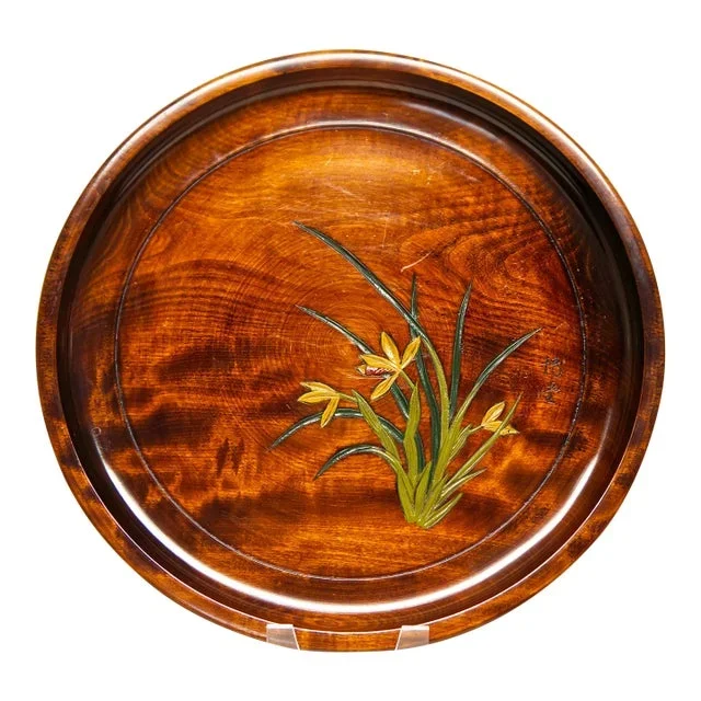Round Solid Wood Tray With Carved Iris Flowers Motif