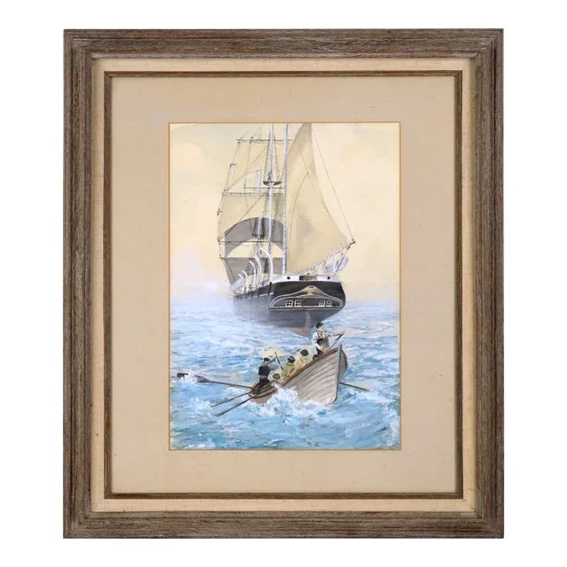 Rowing to Shore – Nautical Seascape in Gouache on Paper by George A. Robbins