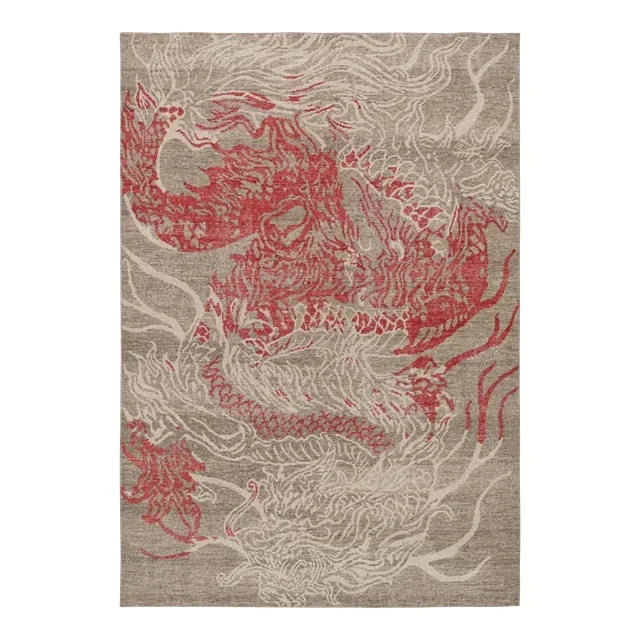 Rug & Kilim’s Distressed Dragon Rug in Red, Gray and White Pictorial Patterns