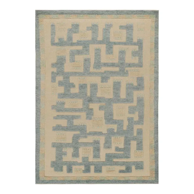 Rug & Kilim’s Scandinavian Style Rug in Blue & Beige Geometric Patterns