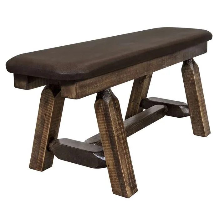 Rustic Solid Wood Bench with Saddle Upholstery & Clear Lacquer Finish
