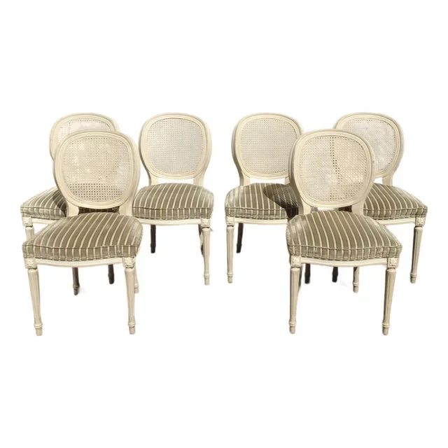 Set Six Vintage French Louis Petite Round Back Cane Balloon Chairs Shabby Chic