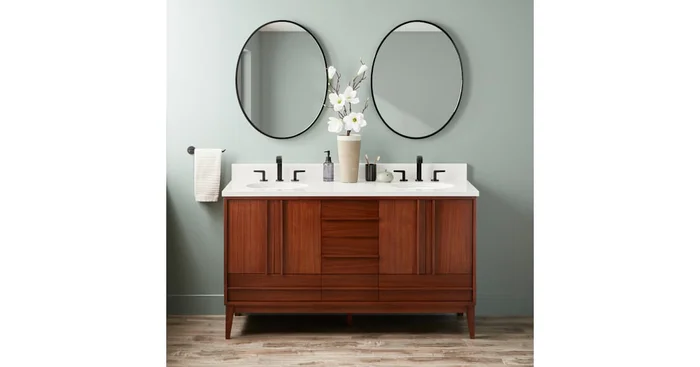 Signature Hardware Sybill 60″ Freestanding Mahogany Double Basin Vanity Set with Cabinet, Vanity Top, and Oval Porcelain Sink – 8″ Faucet Holes