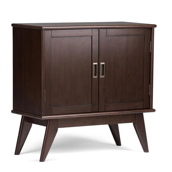 Simpli Home Draper SOLID HARDWOOD 32 inch Wide Mid Century Modern Low Storage Cabinet in Medium Auburn Brown