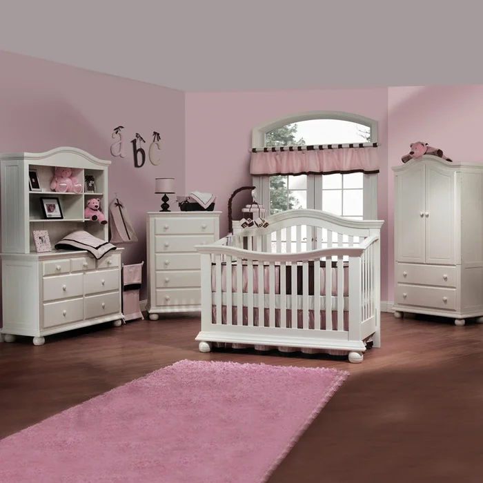 Sorelle Vista 5 Piece Nursery Set – Couture Convertible Crib, Double Dresser, Hutch, 5 Drawer Dresser and Armoire in French White