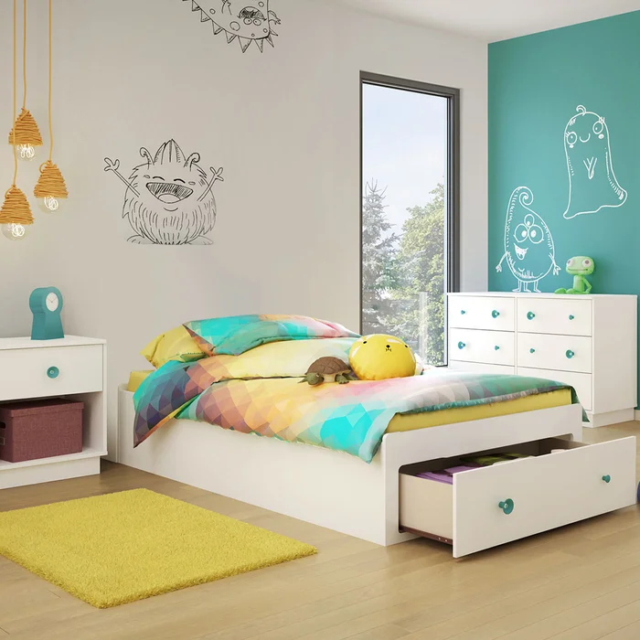 SouthShore Little Monsters 3 Piece Bedroom Set – Little Monsters Twin Mates Bed, Double Dresser and Nightstand in Pure White