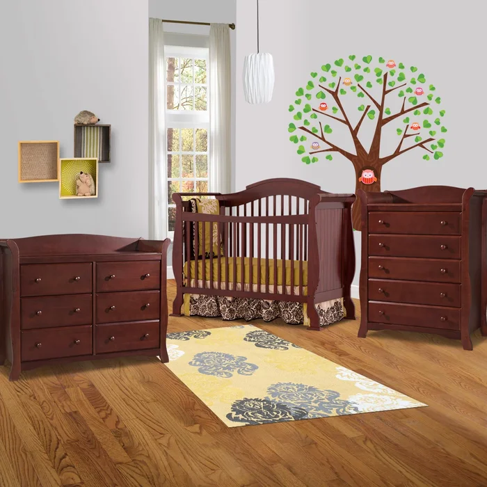 Storkcraft 3 Piece Nursery Set – Valentia Convertible Crib, Avalon 5 Drawer Dresser and 6 Drawer Dresser in Cherry