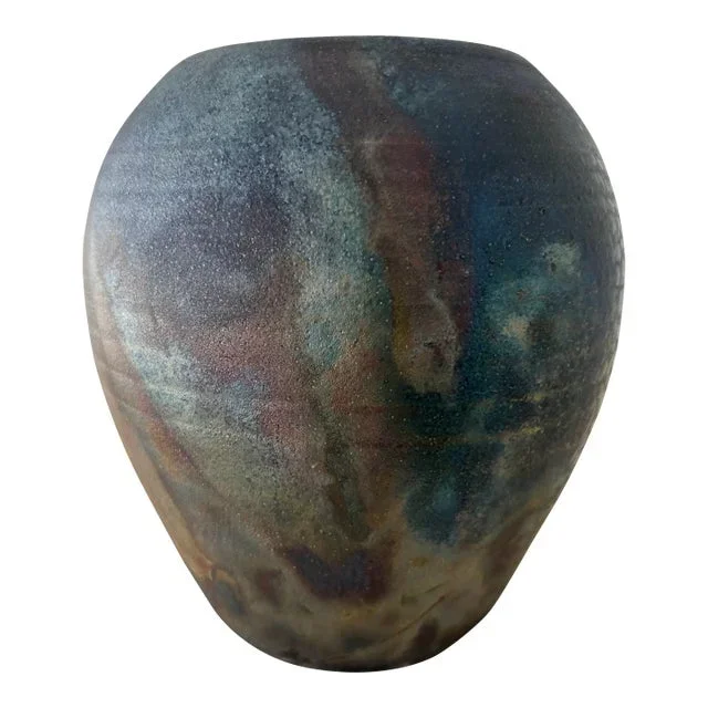 Studio Art Pottery Raku Fired Iridescent Glaze Vessel Vase, Signed