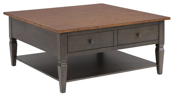 Sunset Trading – Dakota 42in Square Coffee Table with Drawers and Storage Shelf – Distressed Brown and Ash Gray – DLU-DK-2307-TA