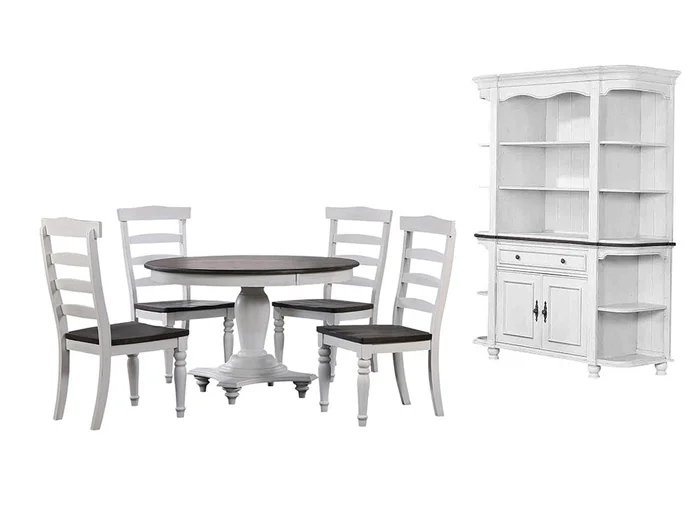 Sunset Trading – French Chic 48in Round Adjustable 30”H or 36” Counter Height Pedestal Dining Table Set – Distressed Antique White and Walnut Brown – DLU-FC4848-1432W-BH7P