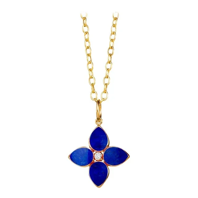 Syna Yellow Gold Lapis Lazuli Flower Pendant with Diamond