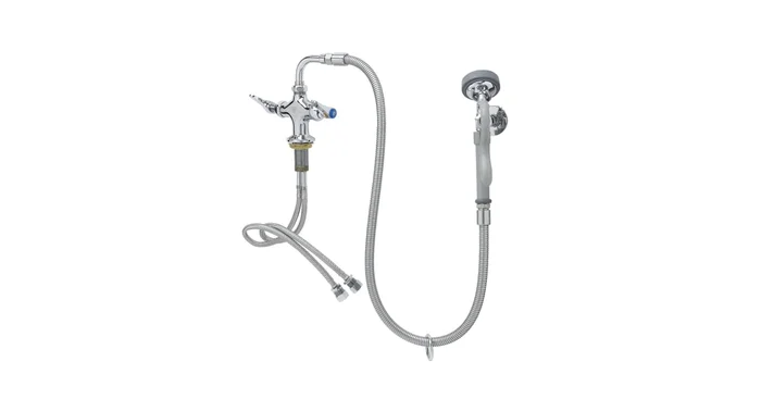 T and S Brass 1.42 GPM Deck Mounted Single Hole Food Service Faucet with Angled Spray Valve, 44″ Flexible Stainless Steel Supply Hose, and Wall Hook