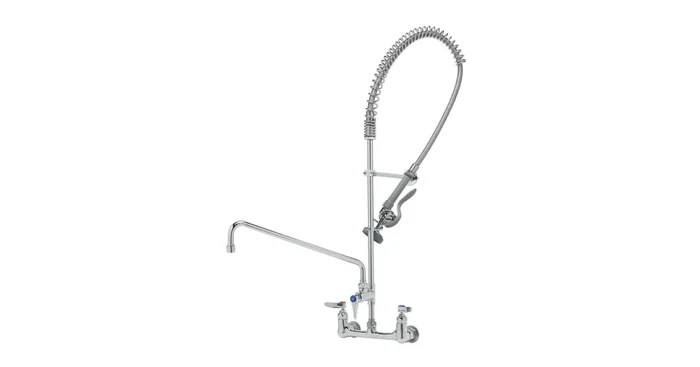 T and S Brass 1.42 GPM Wall Mounted Food Service Faucet with 18″ Riser and Spray Valve – Includes 12″ Wall Bracket and 9.73 GPM 16″ Add-On Faucet
