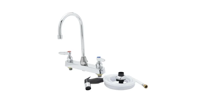 T and S Brass 2.2 GPM 8″W Deck Mounted Utility Faucet with 5-3/4″ Swivel Gooseneck Spout and Sidespray