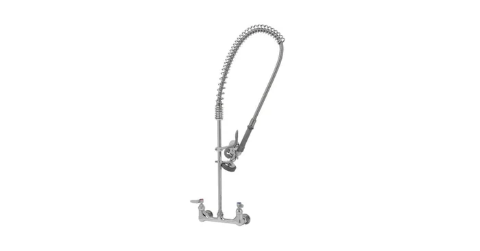 T and S Brass 8″ WallMount Faucet, B-0230-K, 18″ Riser, B-0044-H Flex Hose, B-0107 Spray Valve, & B-0109-01 Wall Bracket