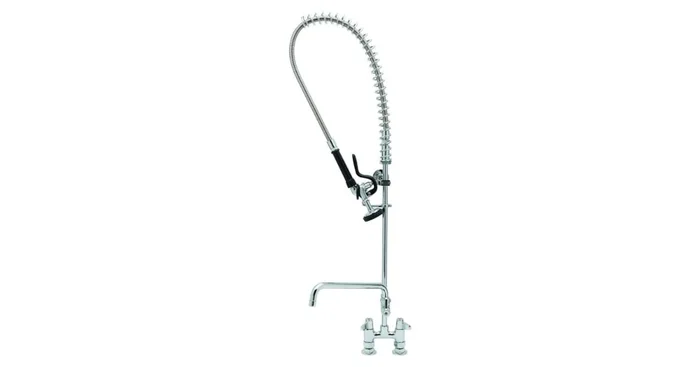 T and S Brass Equip Pre-Rinse, 4″ Deck Mount Base, Add-On Faucet with 12″ Swing Nozzle, 5SV Spray Valve, 6″ Wall Bracket