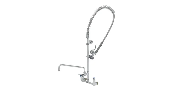 T and S Brass Pre-Rinse:8″c/c Wall Mnt,44″Hose,”CC”Inlets,14″Swing Nozzle,B-0107 Spray