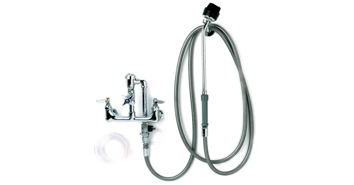 T and S Brass Wall Mounted Cart Wash Spray Unit with Soap Injector and Extended Angled Spray Nozzle – Includes Brush Attachment, and 104″ Flexible Hose